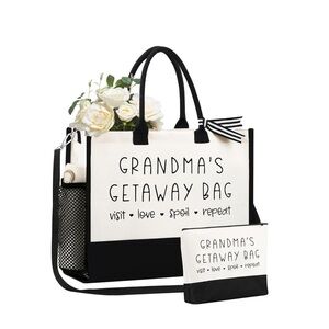 Grandma Tote Bag Canvas Shopper, Getaway Travel bag + bonus make up bag